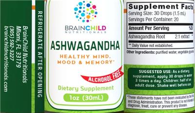Brainchild Nutritionals Ashwagahdha Alcohol Free source label used in the packaging illustration