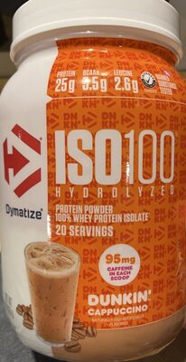 Dymatize ISO100 Hydrolyzed Dunkin' Cappuccino source label used in the packaging illustration