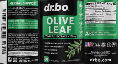 dr.bo Olive Leaf 750 mg source label used in the packaging illustration