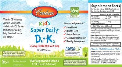 Carlson Kid's Super Daily D3+K2 (1000 IU) 22.5 mcg product packaging