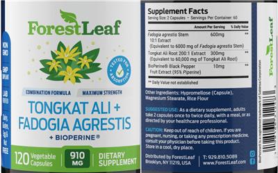 ForestLeaf Tongkat Ali + Fadogia Agrestis source label used in the packaging illustration