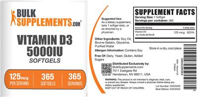 BulkSupplements.com Vitamin D3 5000 IU Softgels 125 mcg product packaging