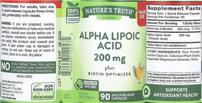 Nature's Truth Alpha Lipoic Acid 200 mg plus Biotin Optimizer source label used in the packaging illustration