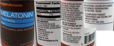 Amazon Elements Melatonin 3 mg source label used in the packaging illustration