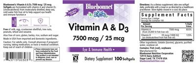 Bluebonnet Vitamin A & D3 7500 mcg / 25 mcg source label used in the packaging illustration