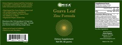 Omica Organics Guava Leaf Zinc Formula source label used in the packaging illustration