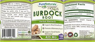 Pure Naturals Herbs Burdock Root 425 mg source label used in the packaging illustration