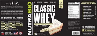 NutraBio Classic Whey Banana Cream Pie source label used in the packaging illustration