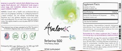AvalonX Powered by MDLogic Berberine 500 source label used in the packaging illustration