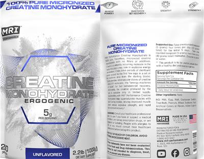 MRI Performance Creatine Monohydrate Ergogenic Unflavored source label used in the packaging illustration