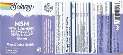 Solaray MSM 750 mg with Turmeric Boswellia & Devil's Claw product packaging