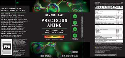 GNC Beyond Raw Precision Amino Peach Mango Tea source label used in the packaging illustration