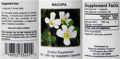 Supreme Nutrition Products Bacopa 380 mg source label used in the packaging illustration