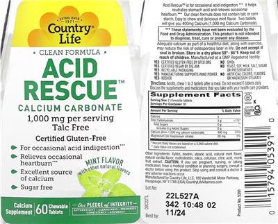 Country Life Acid Rescue Mint Flavor source label used in the packaging illustration
