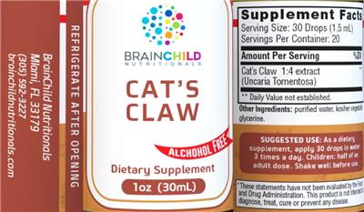 Brainchild Nutritionals Cat's Claw Alcohol Free source label used in the packaging illustration