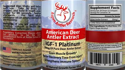 Aspen Antler Research IGF-1 Platinum source label used in the packaging illustration