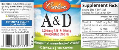 Carlson A & D 3000 mcg RAE (10000 IU) & 10 mcg (400 IU) source label used in the packaging illustration