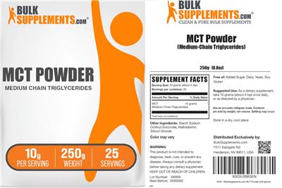 BulkSupplements.com MCT Powder Medium-Chain Triglycerides 10 g source label used in the packaging illustration