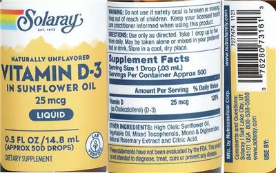 Solaray Vitamin D-3 in Sunflower Oil 25 mcg Liquid Naturally Unflavored product packaging