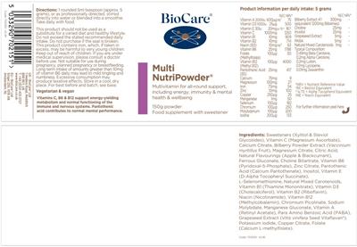 BioCare Multi NutriPowder source label used in the packaging illustration