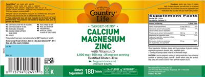 Country Life Target-Mins Calcium 1000 mg Magnesium 500 mg Zinc 25 mg with Vitamin D product packaging