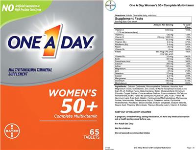 Bayer One A Day Women's 50+ Complete Multivitamin source label used in the packaging illustration