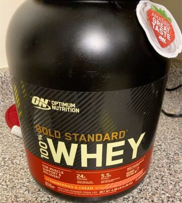 ON Optimum Nutrition Gold Standard 100% Whey Strawberries & Cream source label used in the packaging illustration