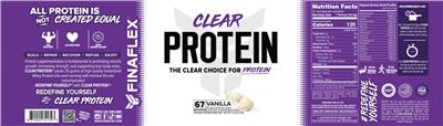 FINAFLEX Clear Protein Vanilla source label used in the packaging illustration