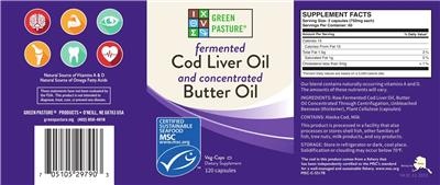Green Pasture Fermented Cod Liver Oil and Concentrated Butter Oil source label used in the packaging illustration
