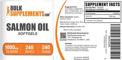 BulkSupplements.com Salmon Oil Softgels 1000 mg source label used in the packaging illustration