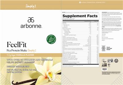 Arbonne FeelFit Pea Protein Shake Simply1 Vanilla Flavor source label used in the packaging illustration