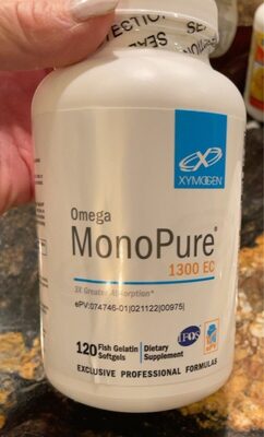 XYMOGEN Omega MonoPure 1300 EC source label used in the packaging illustration