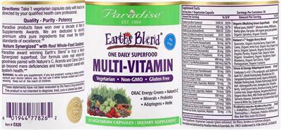 Paradise Earth's Blend One Daily Superfood Multi-Vitamin No Iron source label used in the packaging illustration