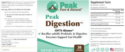 Peak Pure & Natural Peak Digestion source label used in the packaging illustration