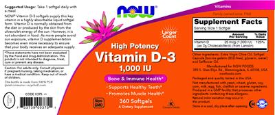NOW High Potency Vitamin D-3 1000 IU source label used in the packaging illustration