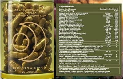 Highbrow Hippie Essential Wellbeing Complex source label used in the packaging illustration