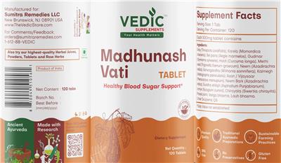 Vedic Supplements Madhunash Vati Tablets source label used in the packaging illustration