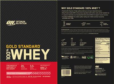 ON Optimum Nutrition Gold Standard 100% Whey Delicious Strawberry source label used in the packaging illustration