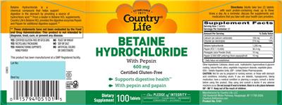 Country Life Betaine Hydrochloride 600 mg With Pepsin source label used in the packaging illustration