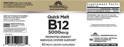 Windmill Quick Melt B12 5000 mcg source label used in the packaging illustration