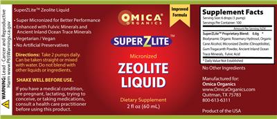 Omica Organics SuperZLite Zeolite Liquid source label used in the packaging illustration