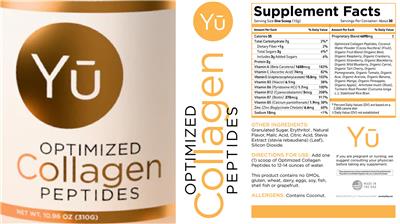 Yu Optimized Collagen Peptides source label used in the packaging illustration