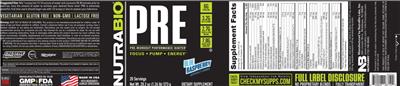 NutraBio PRE Blue Raspberry source label used in the packaging illustration