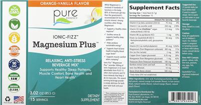 Pure Essence Ionic-Fizz Magnesium Plus Orange-Vanilla Flavor source label used in the packaging illustration