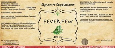 Signature Supplements Feverfew 400 mg source label used in the packaging illustration