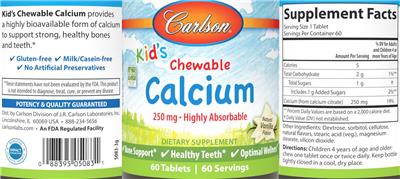 Carlson Kid's Chewable Calcium 250 mg Natural Vanilla Flavor source label used in the packaging illustration