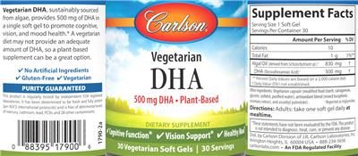 Carlson Vegetarian DHA 500 mg source label used in the packaging illustration
