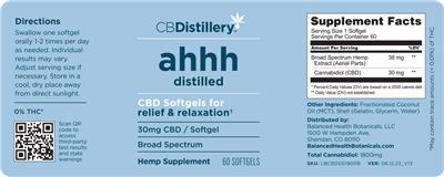 CBDistillery ahhh distilled CBD Softgels Broad Spectrum 30 mg source label used in the packaging illustration