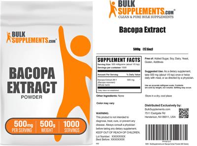 BulkSupplements.com Bacopa Extract Powder 500 mg source label used in the packaging illustration