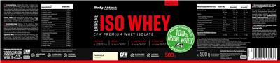 Body Attack Sports Nutrition Extreme Iso Whey Vanilla Flavour source label used in the packaging illustration